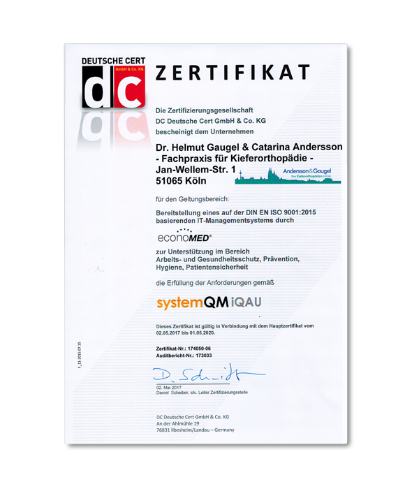 Kieferorthopädie Andersson & Gaugel Qualitäts-Management-System nach DIN ISO 9001:2000